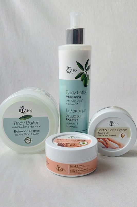 Bodylotion, bodybutter, skrubb, fotkrem, hudpleie, aloevera, oliven